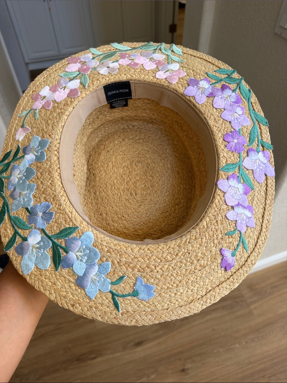 Olive & Pique Straw Sun Hat with Pastel Floral Embroidery